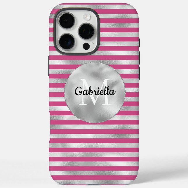 Funda iPhone 16 Pro Max Moda Bandas de plata rosada Monograma (Reverso)