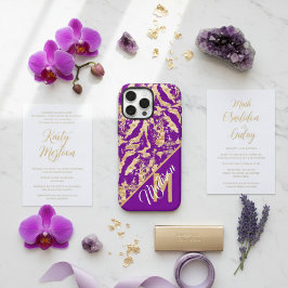 Funda iPhone 16 Pro Max Moda Mármol dorado Personalizado púrpura monograma