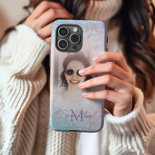 Funda iPhone 16 Pro Max Moda Pastel Purpurina Monograma y foto