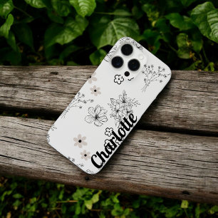 Funda iPhone 16 Pro Max Moda retro Modelo floral blanco y negro caprichoso