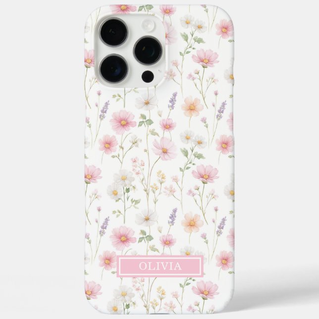 Funda iPhone 16 Pro Max Monograma acuarela de flor silvestre rosa (Reverso )