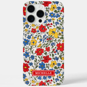 Funda iPhone 16 Pro Max Monograma de Flores Ditsy Azules Rojas y Amarillas