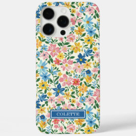 Funda iPhone 16 Pro Max Monograma de flores ditsy azules y amarillas