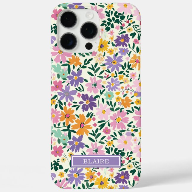 Funda iPhone 16 Pro Max Monograma de Flores Ditsy Moradas (Reverso )