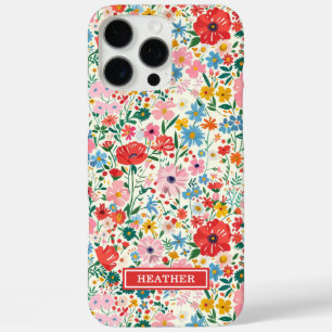 Funda iPhone 16 Pro Max Monograma de flores ditsy rojas y rosas