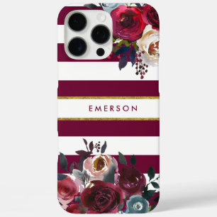 Funda iPhone 16 Pro Max Monograma de franja floral boho de color burgundy