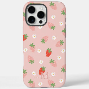Funda iPhone 16 Pro Max Monograma de fresas rosadas y rojas dulces