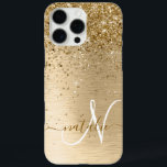 Funda iPhone 16 Pro Max Monograma de impresión Metalizado con pincel de or<br><div class="desc">Personaliza fácilmente este diseño de estuche de teléfono de moda de moda con purpurina brillante de oro en bonito sobre fondo metálico cepillado de oro.</div>