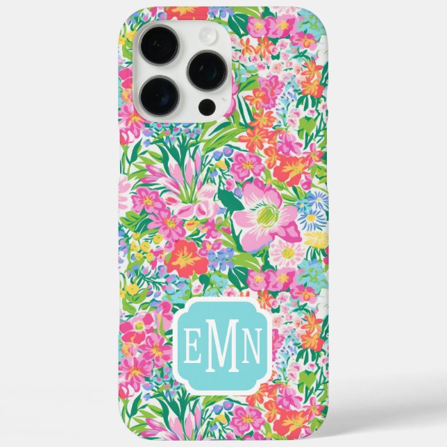 Funda iPhone 16 Pro Max Monograma de jardín floral rosa (Reverso )