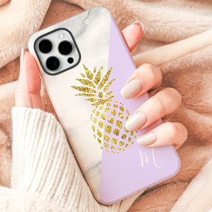 Funda iPhone 16 Pro Max Monograma de mármol pastel púrpura piña dorada
