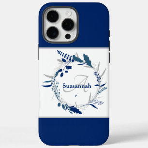 Funda iPhone 16 Pro Max Monograma de nombre personalizado Corona floral az
