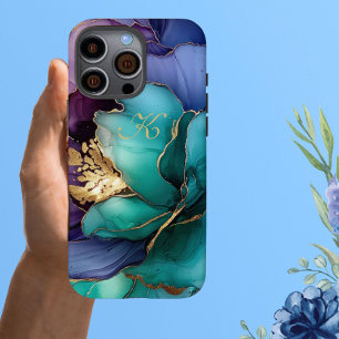 Funda iPhone 16 Pro Max Monograma elegante azul Verde azulado de las flore