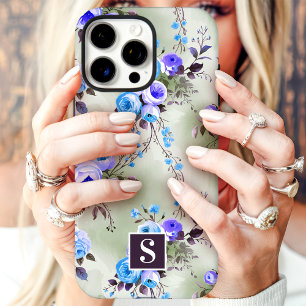 Funda iPhone 16 Pro Max Monograma floral azul y púrpura 