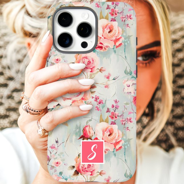 Funda iPhone 16 Pro Max Monograma floral de acuarela rosa y rosa (Subido por el creador)
