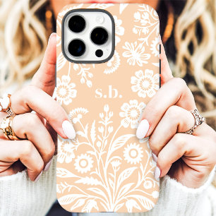 Funda iPhone 16 Pro Max Monograma Floral de Flor Silvestre Retro Melocotón