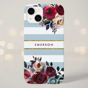 Funda iPhone 16 Pro Max Monograma Floral de Raya Boho Azul Polvoriento