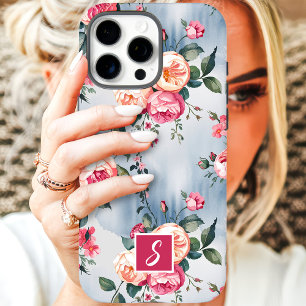 Funda iPhone 16 Pro Max Monograma floral rosa y melocotón