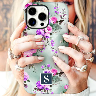 Funda iPhone 16 Pro Max Monograma floral rosa y púrpura