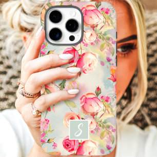 Funda iPhone 16 Pro Max Monograma floral rosa y rosa vintage
