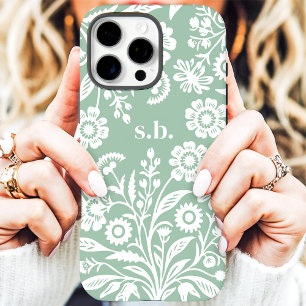 Funda iPhone 16 Pro Max Monograma floral verde menta de flores silvestres 