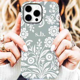 Funda iPhone 16 Pro Max Monograma Floral Verde Salvia Flor Silvestre Retro