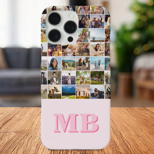 Funda iPhone 16 Pro Max Monograma inicial rosado de Collage de fotos moder