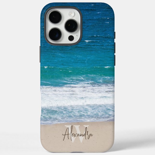 Funda iPhone 16 Pro Max Monograma La playa de arena tropical personalizada (Reverso)