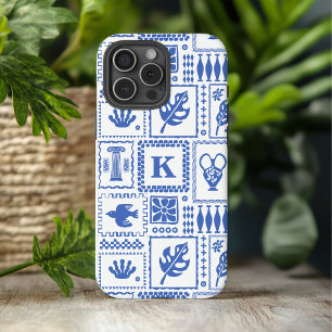 Funda iPhone 16 Pro Max Monograma Modelo de resumen de color blanco azul m