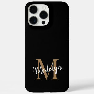 Funda iPhone 16 Pro Max Monograma moderno de oro negro Nombre de guión fem