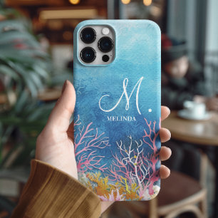 Funda iPhone 16 Pro Max Monograma moderno del motivo del mar azul
