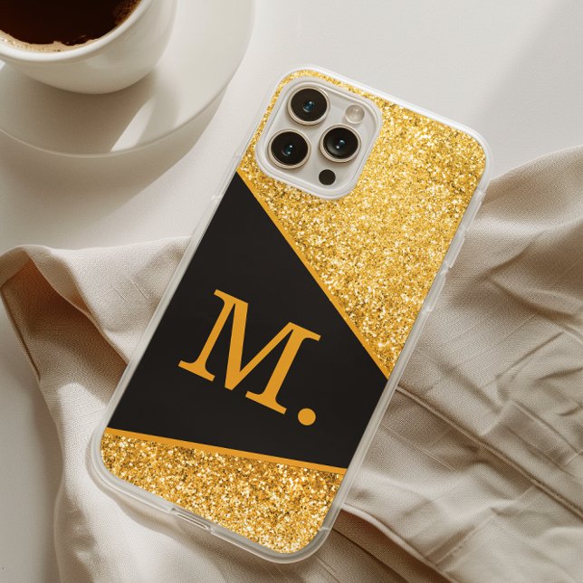 Funda iPhone 16 Pro Max Monograma negro Purpurina dorado (Subido por el creador)