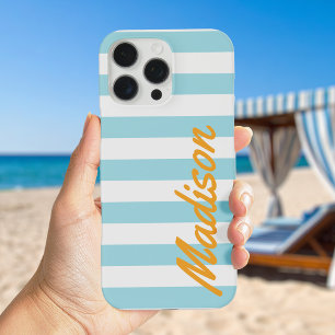 Funda iPhone 16 Pro Max Monograma retro de franjas de cabana azules