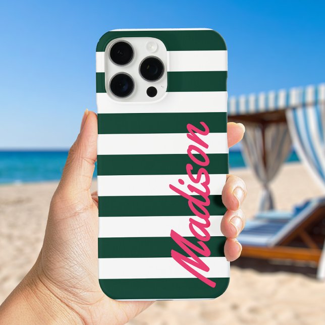 Funda iPhone 16 Pro Max Monograma retro de franjas de cabana verde (Subido por el creador)
