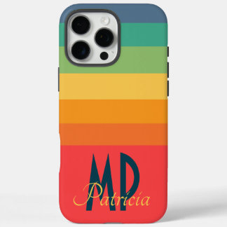 Funda iPhone 16 Pro Max Monograma retro vibrante azul de la marina rosa y