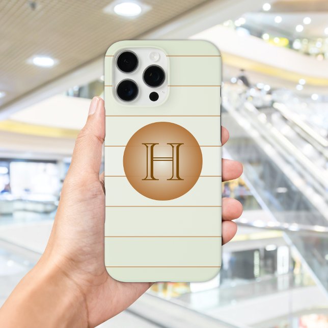 Funda iPhone 16 Pro Max Monograma verde claro para la solapa (Light green ombre and tan pinstripe monogrammed cell phone case, shown in hand.)
