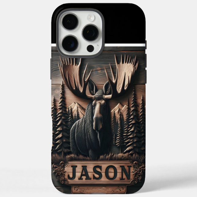 Funda iPhone 16 Pro Max Moose Carving Con Nombre Personalizado (Reverso)