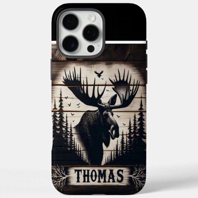 Funda iPhone 16 Pro Max Moose Silhouette On Wood (Reverso)