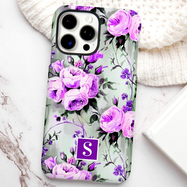 Funda iPhone 16 Pro Max Morado y Lilac Monograma Floral (Subido por el creador)