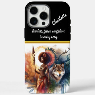 Funda iPhone 16 Pro Max Mujer guerrera con lobo al amanecer