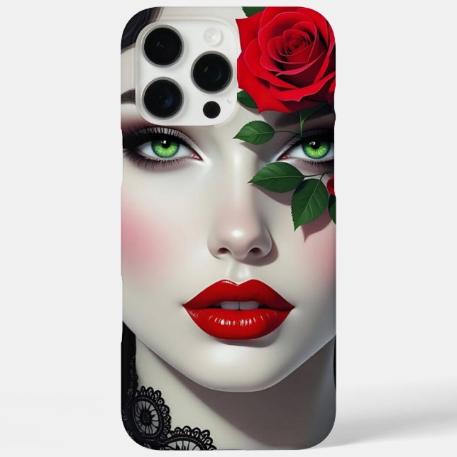 Funda iPhone 16 Pro Max Mujer Hermosa con Rosa Roja (Reverso )