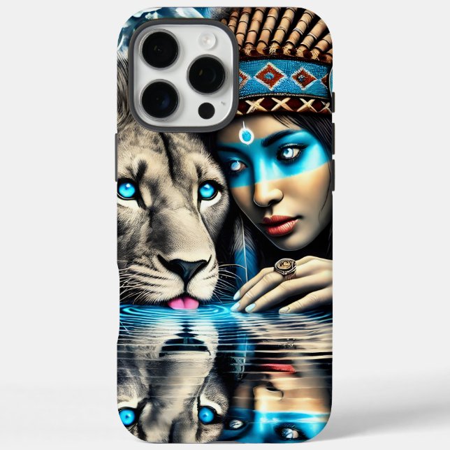 Funda iPhone 16 Pro Max Mujer indígena y león leal (Reverso)