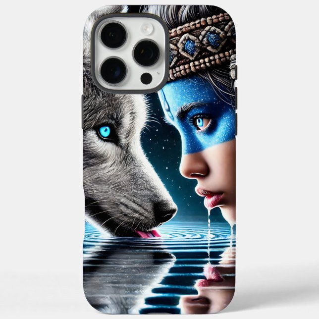Funda iPhone 16 Pro Max Mujer indígena y lobo leal (Reverso)