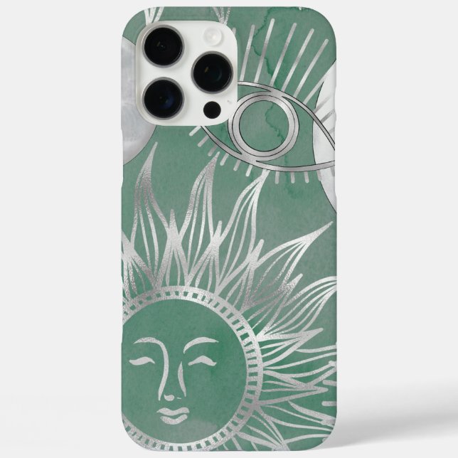 Funda iPhone 16 Pro Max Mystique solar | Duste Green Silver Moon Stars Sun (Reverso )