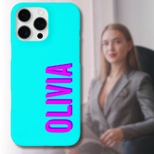 Funda iPhone 16 Pro Max Neón Rosa Caliente 3D Nombre Moderno Azul Fresco