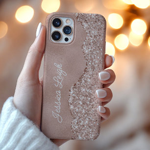 Funda iPhone 16 Pro Max Nombre con monograma y borde de brillo en rosa oro