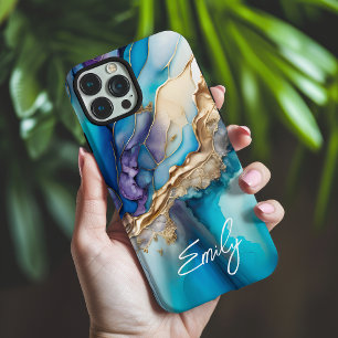 Funda iPhone 16 Pro Max Nombre de Caligrafía Personalizado Mármol Azul Dor