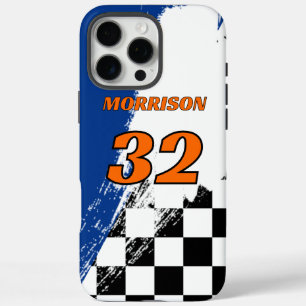 Funda iPhone 16 Pro Max Nombre de carrera Número Azul Naranja Negro y Blan
