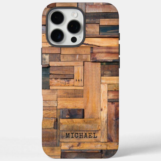 Funda iPhone 16 Pro Max Nombre personalizado de la madera rústica (Reverso)