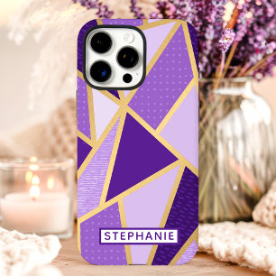 Funda iPhone 16 Pro Max Nombre personalizado dorado y púrpura geométrico