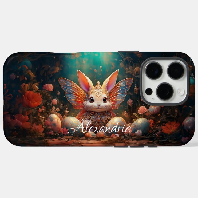 Funda iPhone 16 Pro Max Nombre personalizado Feliz conejo de Pascua con hu (Reverso (Horizontal))